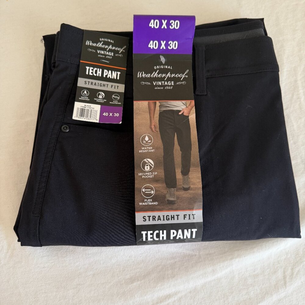 Weatherproof Vintage Men's Tech Pant 40X30 Black Straight Fit Water Resistant